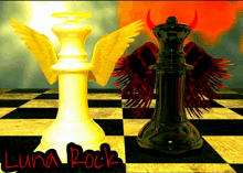 two chess pieces on a checkered board with luna rock written on the bottom