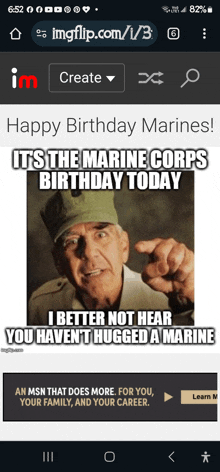 a screenshot of a birthday message for the marines