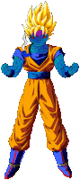 a cartoon drawing of a dragon ball z character with yellow hair and blue arms