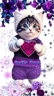 a cat is holding a heart that says te quiero mucho on it