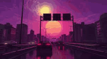 a car is driving down a highway in front of a city at sunset .