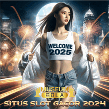 a woman is wearing a white tank top that says welcome 2025