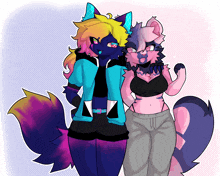 a drawing of two furry girls standing next to each other with one wearing a blue jacket