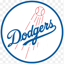 a blue and white dodgers logo with a baseball flying through the air