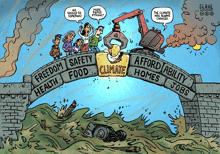 a cartoon shows a bridge with the words freedom safety food health and climate