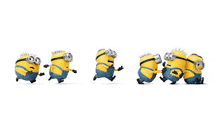 a group of minions are running together on a white background .