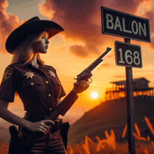 a woman in a sheriff 's uniform holding a gun in front of a sign that says balon 168