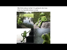 kermit the frog is sitting on a rock with a sign that says " me think about what i 'm going to do now