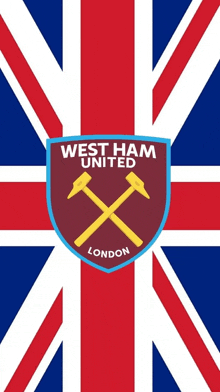 a west ham united logo is on a british flag background