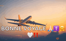 an airplane is flying in the sky with the words bonne voyage written below it