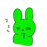 a green cartoon rabbit is sleeping with a tear coming out of its nose .