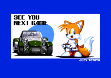 a pixel art of a fox holding a controller next to a car that says see you next game