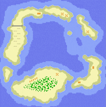 a map of a tropical island with green trees and orange dots