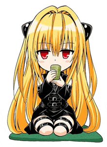 a girl with long blonde hair and red eyes is kneeling down and holding a book