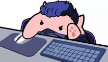 a cartoon of a man sitting at a desk using a computer mouse and keyboard .