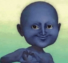 a blue baby with a bald head is making a heart with his hands .