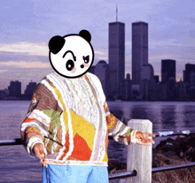 a person wearing a colorful sweater with a panda face on their head