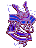 a drawing of a samurai 's helmet with a purple and blue design