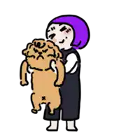 a woman in a purple hat is holding a small brown dog