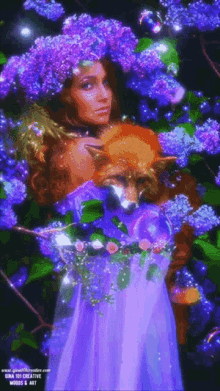 a woman in a purple dress is holding a fox in her arms