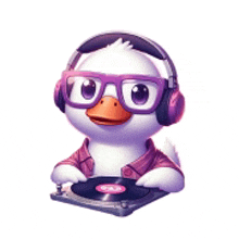 a white duck wearing headphones and glasses is playing a record .