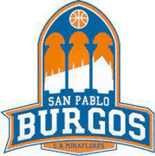 the logo for san pablo burgos basketball team is orange and blue .