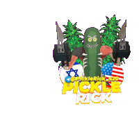 a logo for pickle rick shows a pickle holding a football