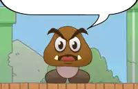 a cartoon character with a speech bubble that says ' goomba ' on it