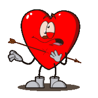 a red heart with arms and legs is holding an arrow in its chest