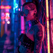 a tattooed woman wearing sunglasses and a choker with the letter e on it