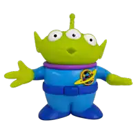 a toy that looks like a green alien with a purple ring around his neck