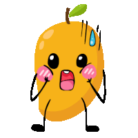 a cartoon drawing of a mango with a surprised look on his face