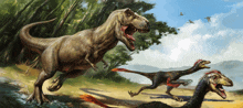 a painting of a t-rex jumping over a river with two other dinosaurs behind it