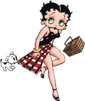 a cartoon of betty boop holding a dog and a picnic basket