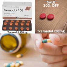 a box of tramadol 100mg tablets next to a person holding a green capsule