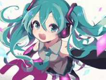 hatsune miku is a cute anime girl with headphones on .