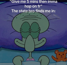 squidward from spongebob sits on a bed with his eyes closed