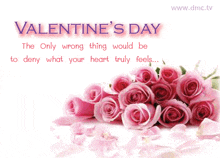 a valentine 's day greeting card with pink roses and petals