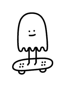 a ghost is riding a skateboard with a sad face on it .