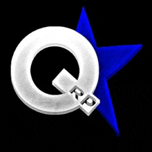 a white letter q with a blue star in the background on a black background .