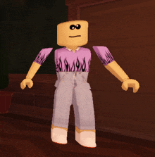 a cartoon character with a purple shirt with flames on it