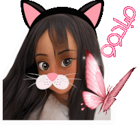 a girl wearing a cat ear headband with a pink butterfly behind her