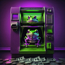 two frogs are sitting inside of a machine that says " frogs " on it