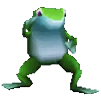 a green and white frog with purple eyes is dancing