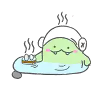 a cartoon drawing of a frog in a bathtub with steam coming out of it