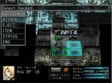 a screenshot of a video game that says select target action attack eject item status end and end