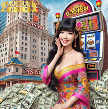 a woman is sitting in front of a slot machine that says casino on it