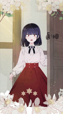 a girl in a white shirt and red skirt is standing in front of a door