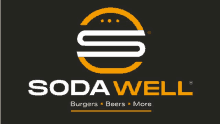 a logo for soda well which offers burgers beers and more