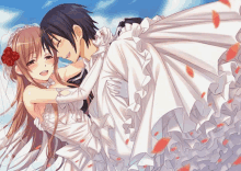 a man is carrying a woman in a wedding dress in his arms